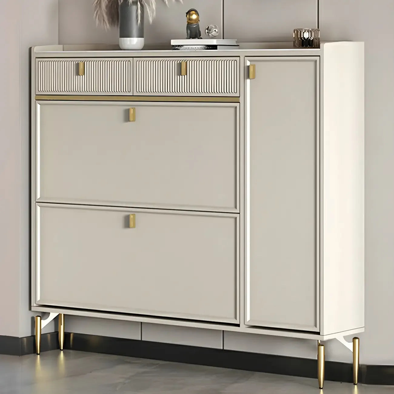 Meuble à chaussures d'entrée en bois blanc cassé avec 2 tiroirs