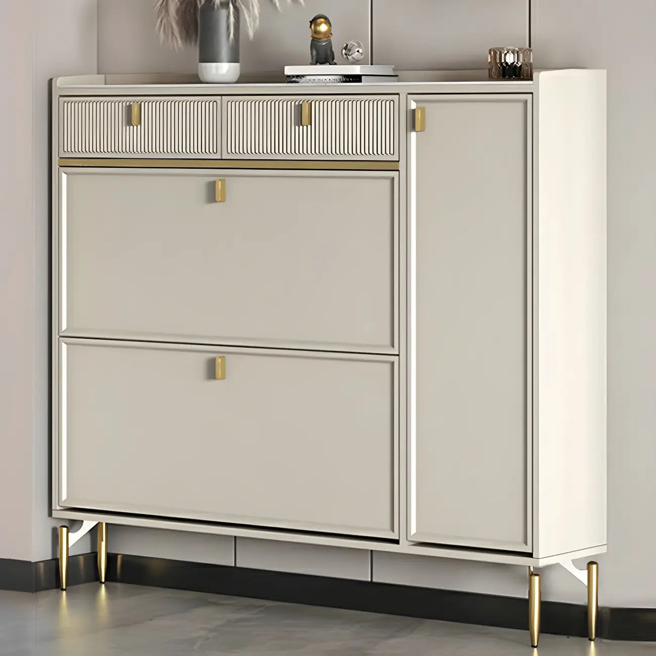 Meuble à chaussures d'entrée en bois blanc cassé avec 2 tiroirs