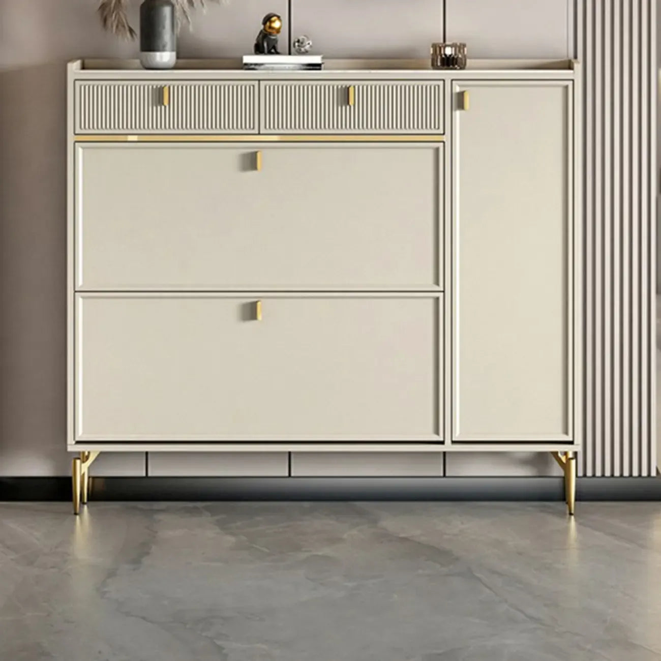 Meuble à chaussures d'entrée en bois blanc cassé avec 2 tiroirs
