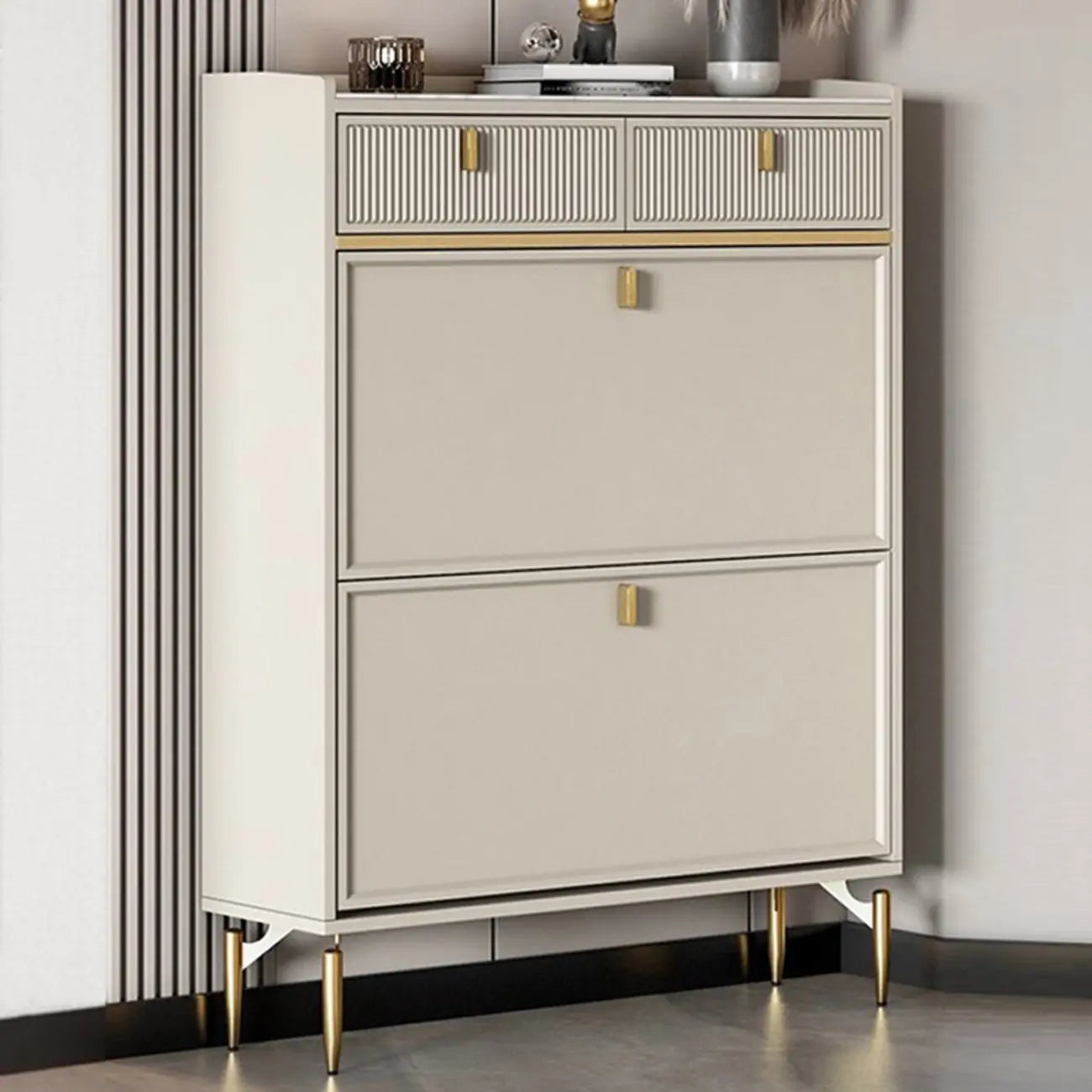 Meuble à chaussures d'entrée en bois blanc cassé avec 2 tiroirs