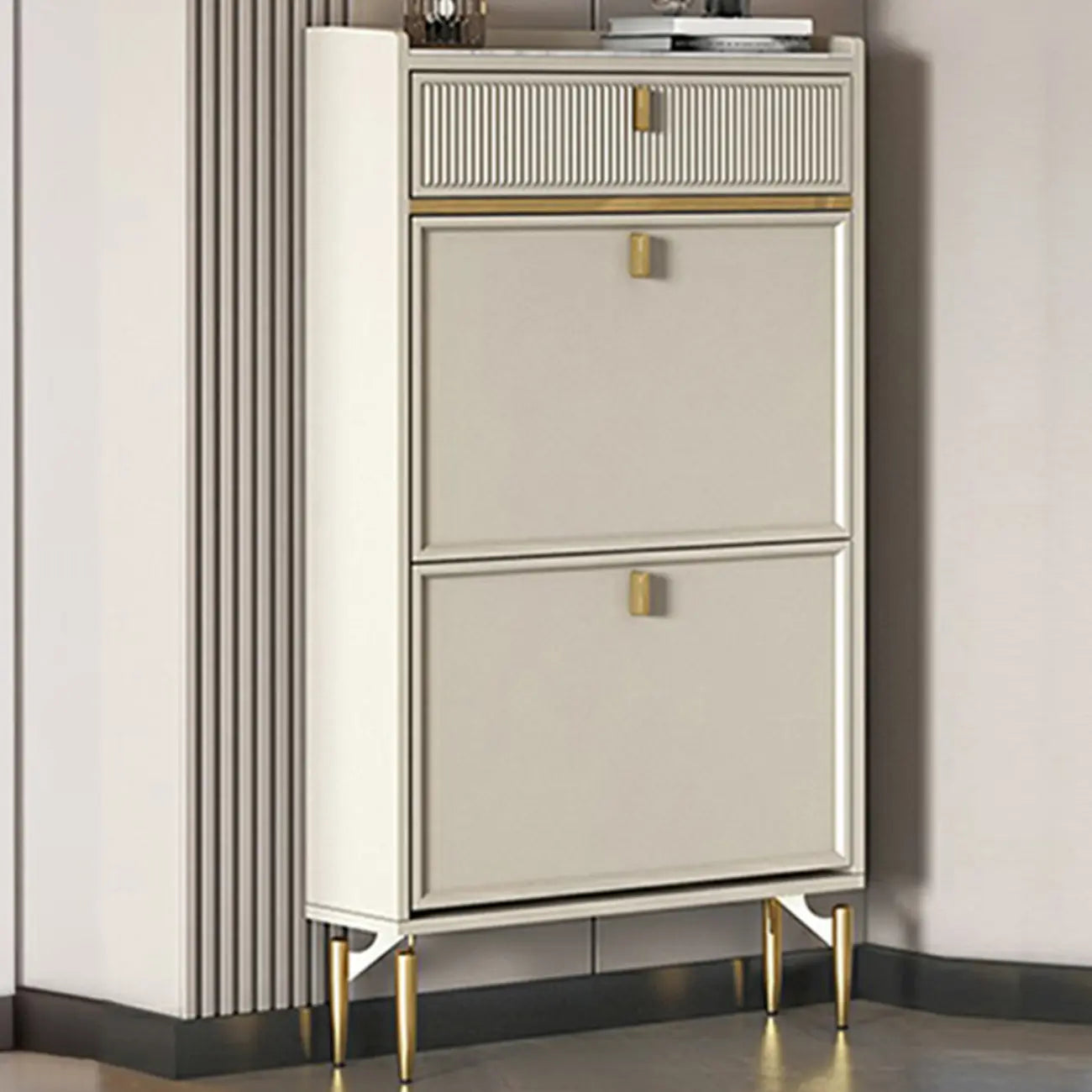 Meuble à chaussures d'entrée en bois blanc cassé avec 2 tiroirs