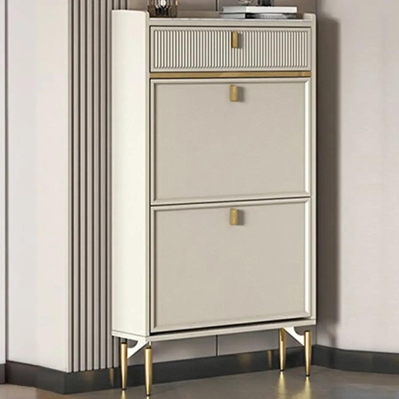 Meuble à chaussures d'entrée en bois blanc cassé avec 2 tiroirs