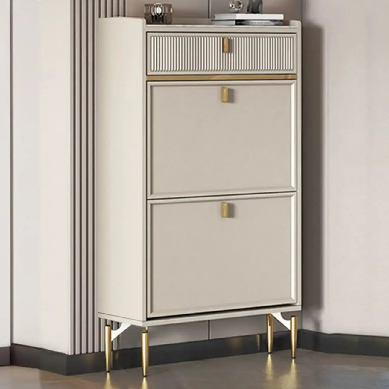 Meuble à chaussures d'entrée en bois blanc cassé avec 2 tiroirs