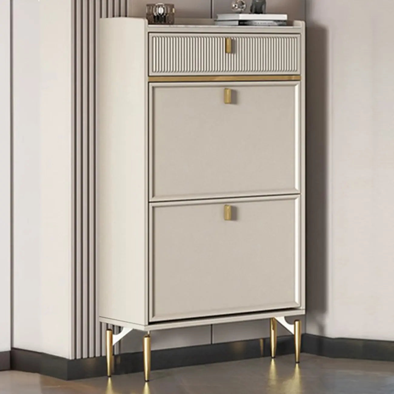 Meuble à chaussures d'entrée en bois blanc cassé avec 2 tiroirs