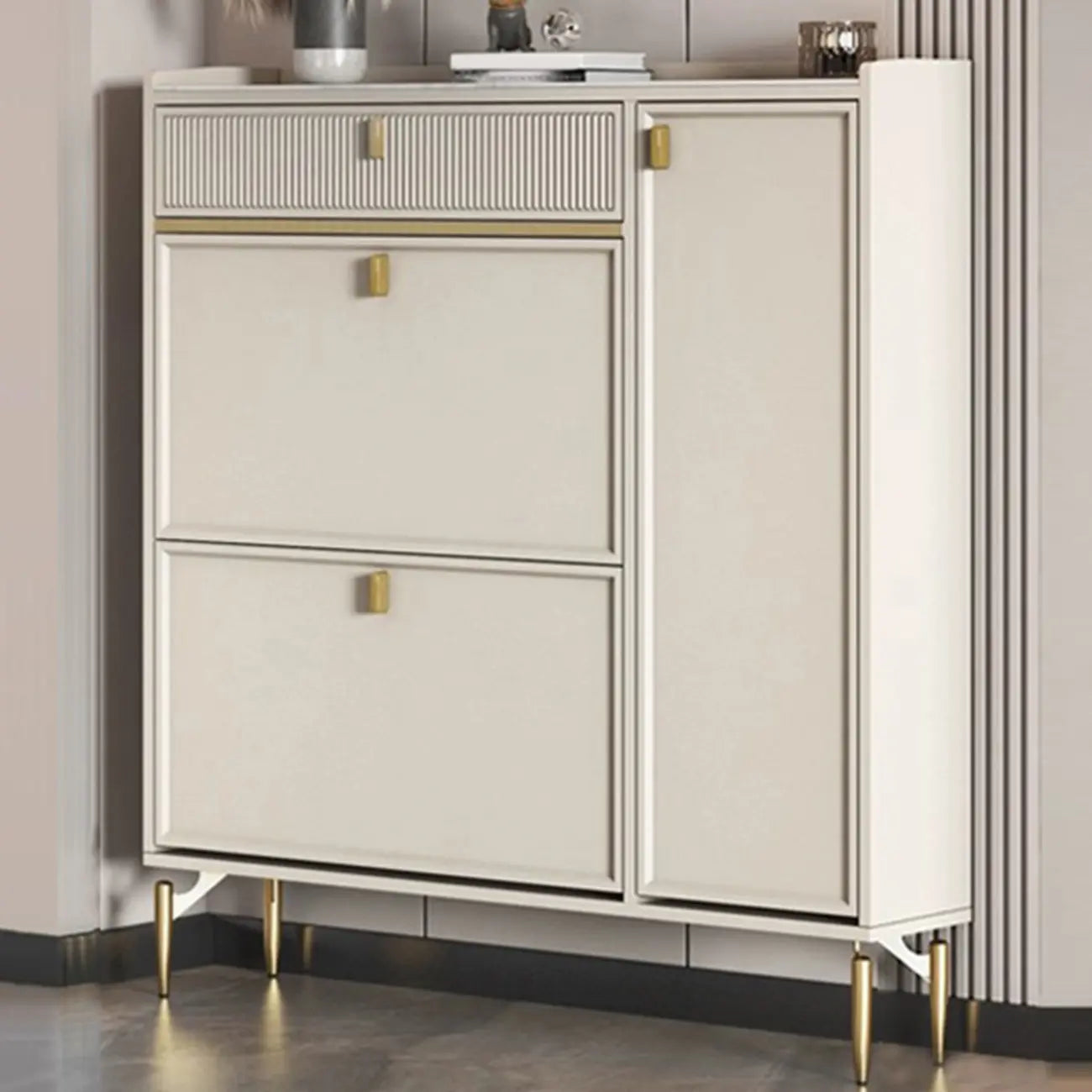 Meuble à chaussures d'entrée en bois blanc cassé avec 2 tiroirs