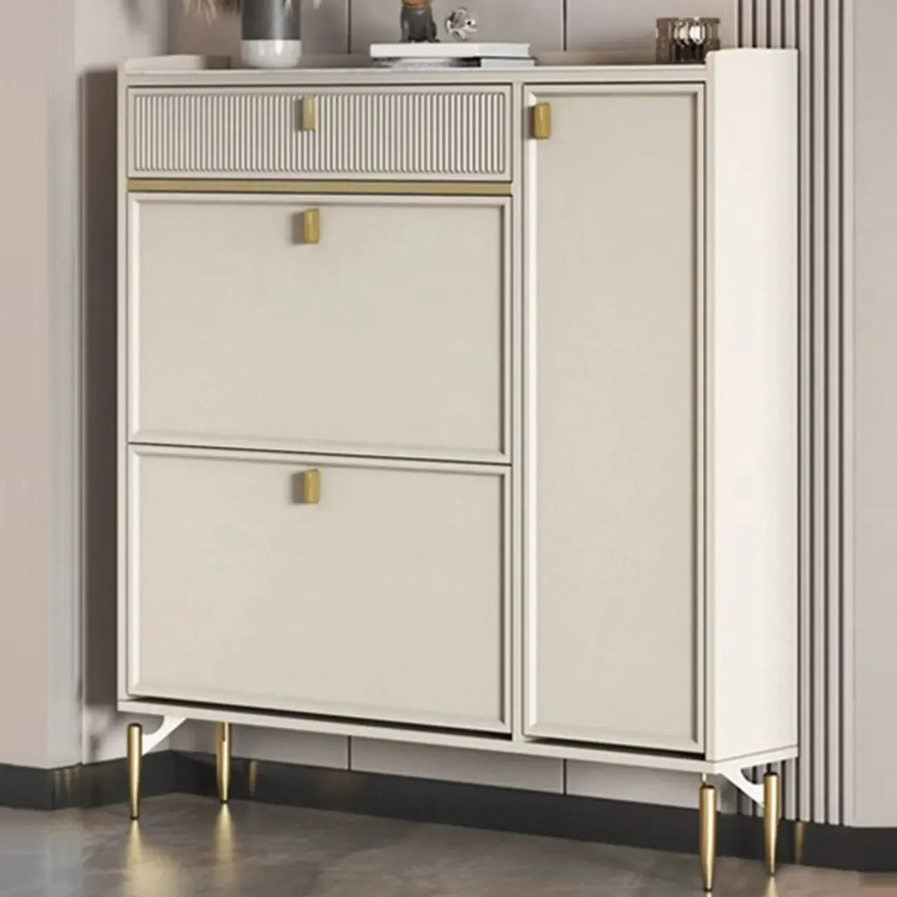 Meuble à chaussures d'entrée en bois blanc cassé avec 2 tiroirs