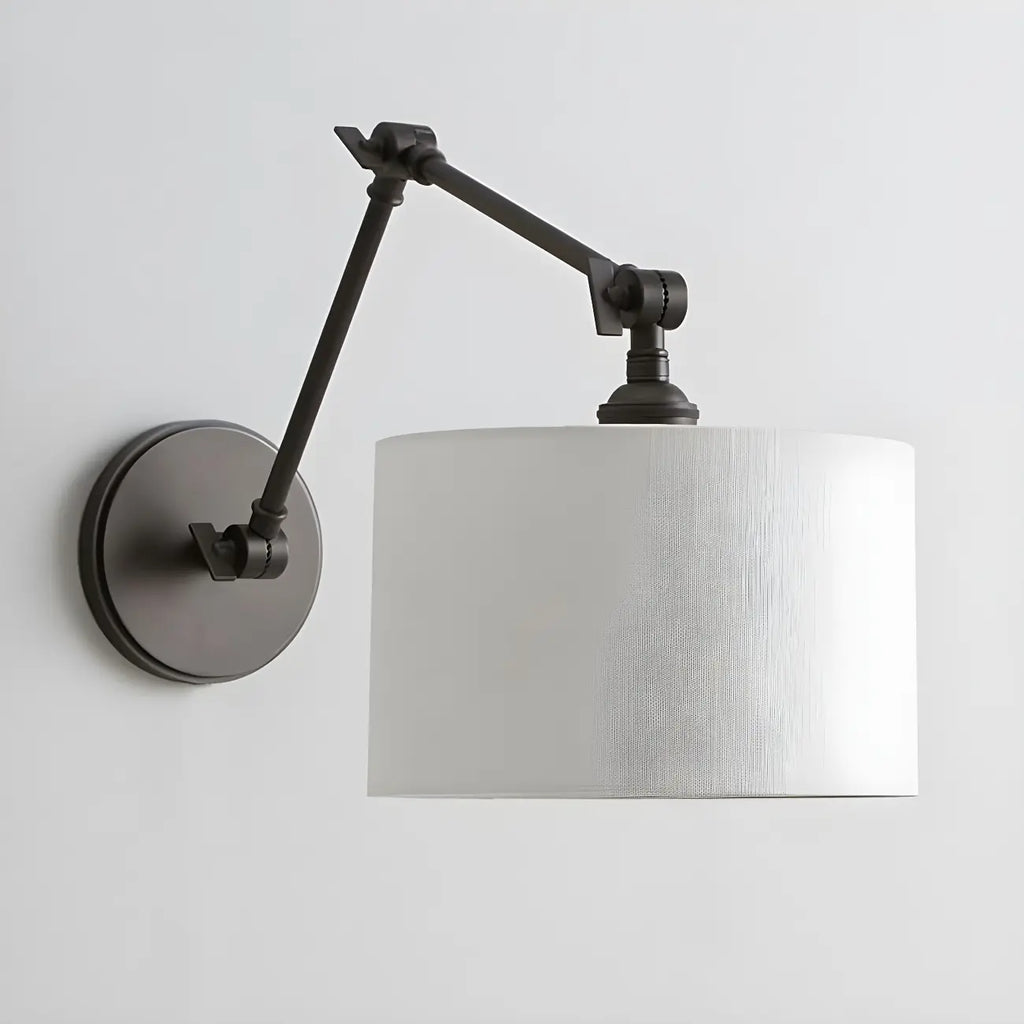 Applique murale noire à bras articulé en métal avec abat-jour en tissu blanc