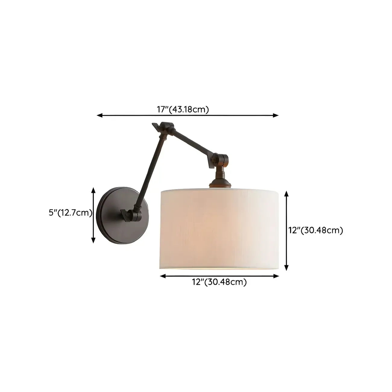 Applique murale noire à bras articulé en métal avec abat-jour en tissu blanc
