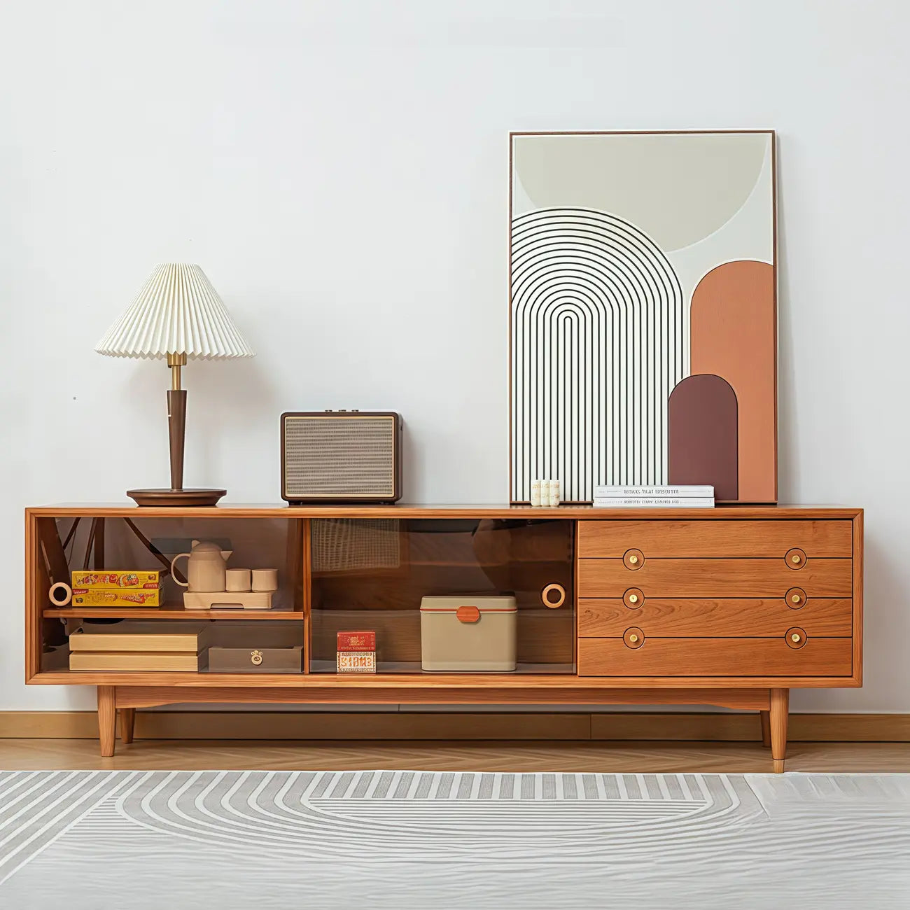 Meuble TV long scandinave en bois de cerisier avec porte