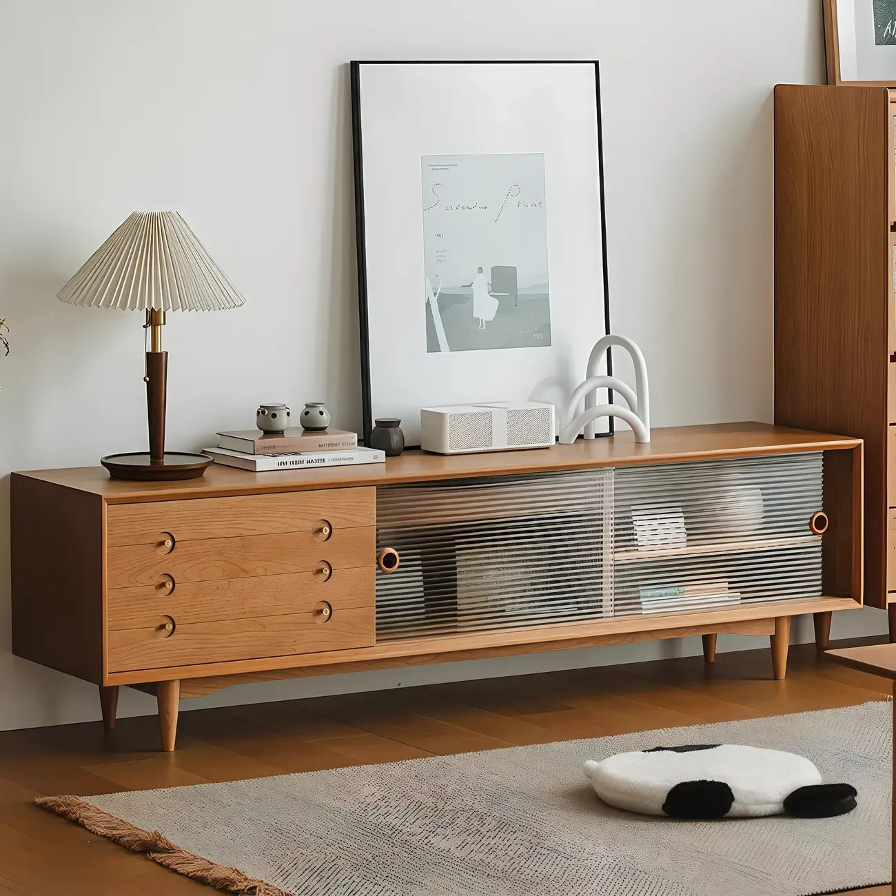 Meuble TV long scandinave en bois de cerisier avec porte