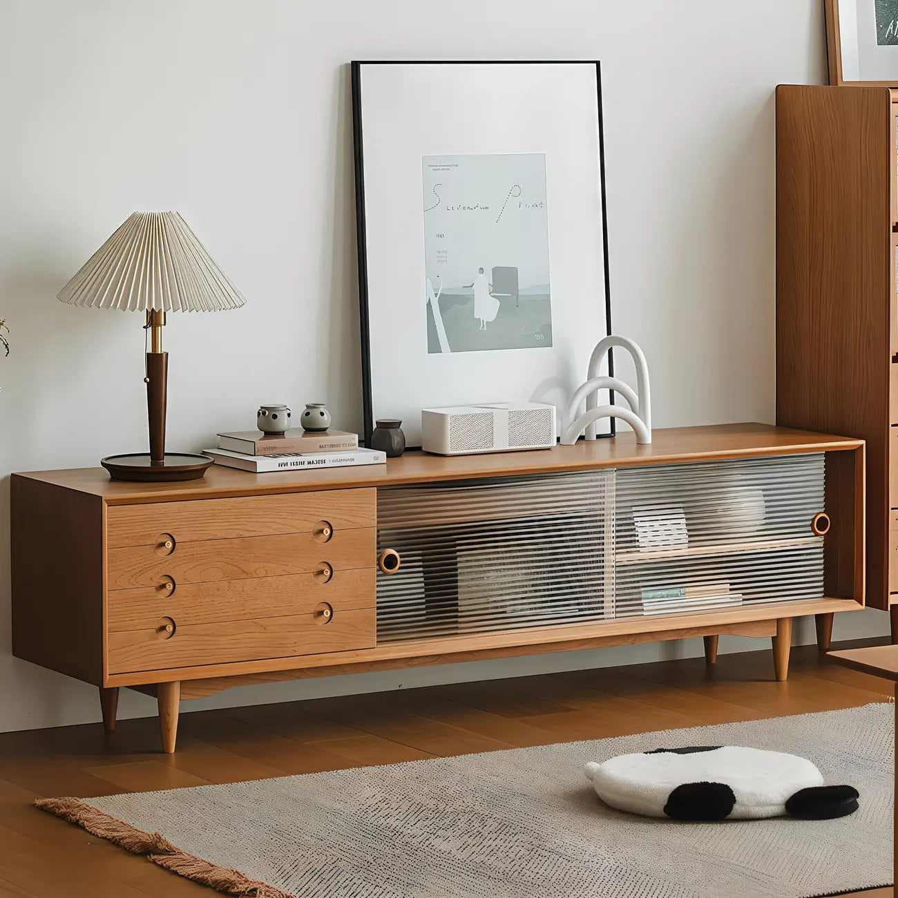 Meuble TV long scandinave en bois de cerisier avec porte