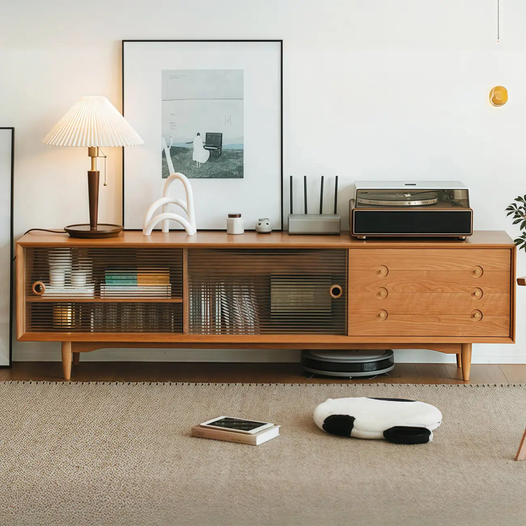 Meuble TV long scandinave en bois de cerisier avec porte