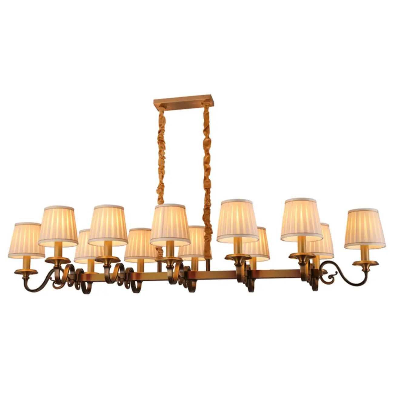 Lampadario a sospensione moderno regolabile color oro con paralume in tessuto