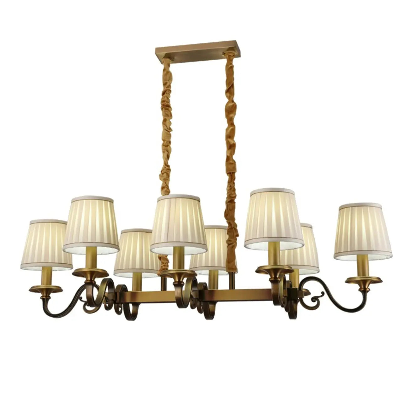 Lampadario a sospensione moderno regolabile color oro con paralume in tessuto