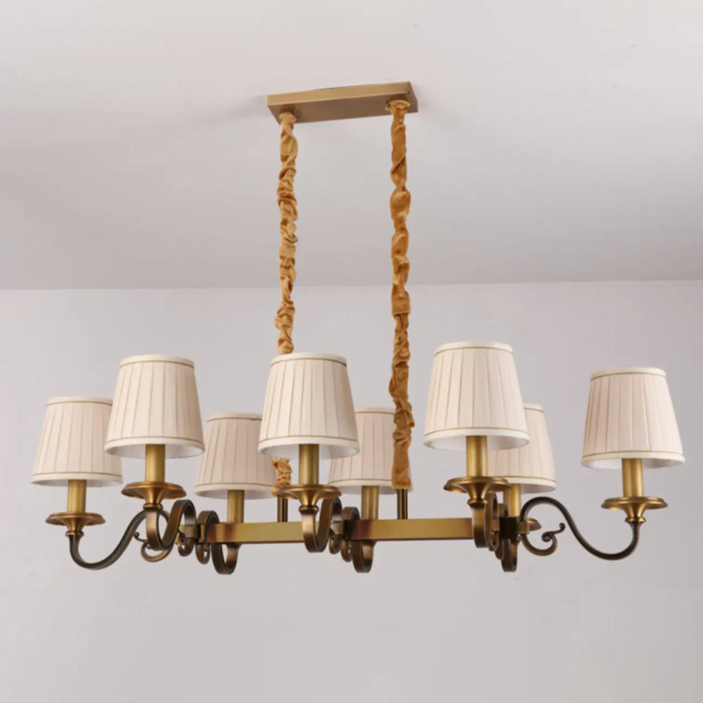 Lampadario a sospensione moderno regolabile color oro con paralume in tessuto