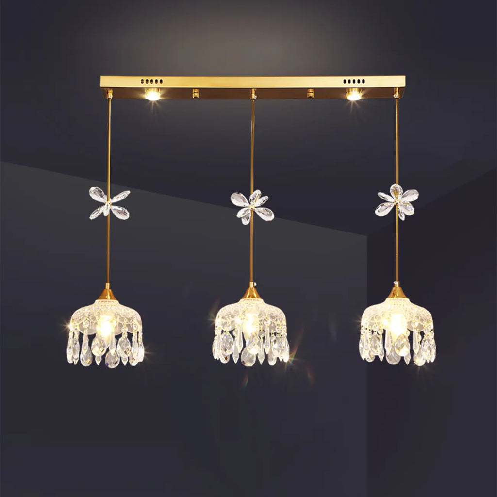 Suspension moderne en acier doré, verre et cristal pour cuisine