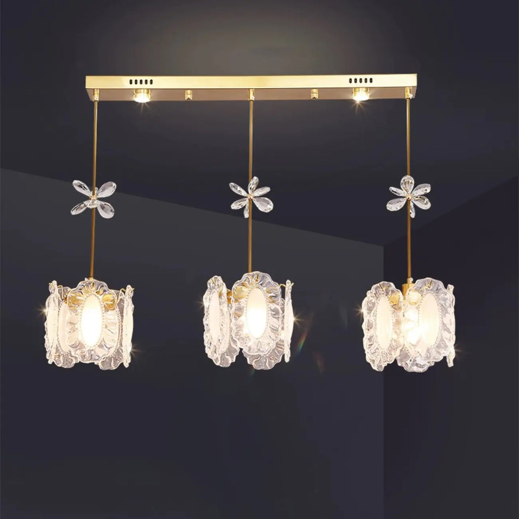 Suspension moderne en acier doré, verre et cristal pour cuisine