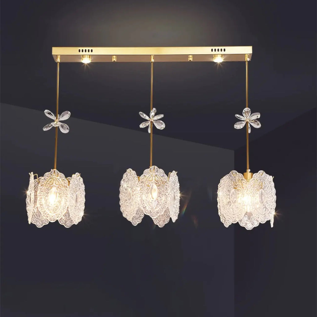 Suspension moderne en acier doré, verre et cristal pour cuisine