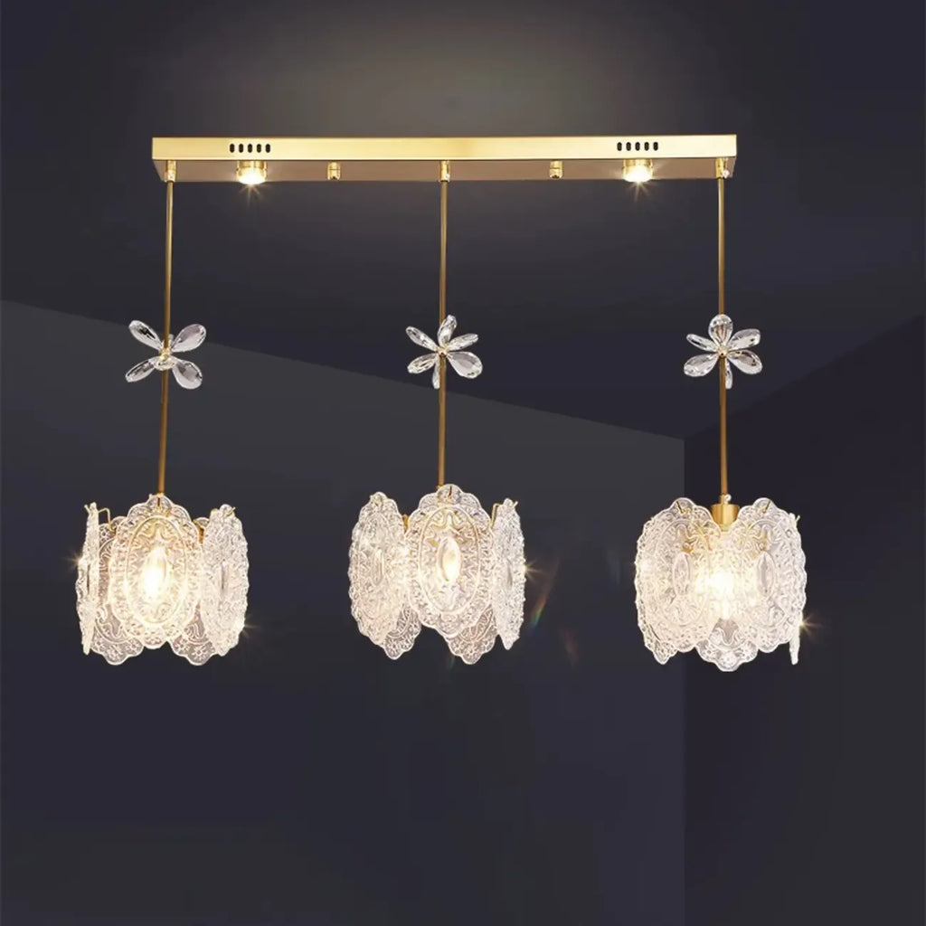 Suspension moderne en acier doré, verre et cristal pour cuisine