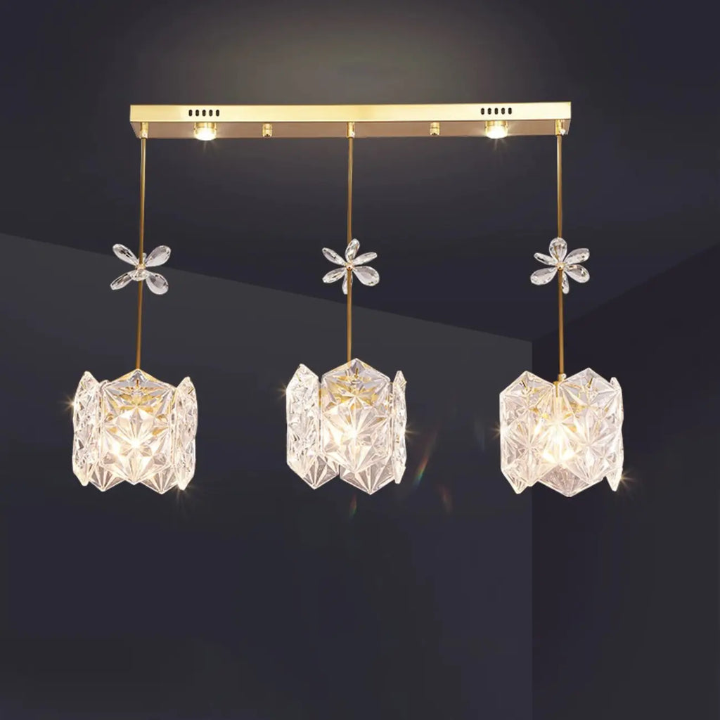 Suspension moderne en acier doré, verre et cristal pour cuisine