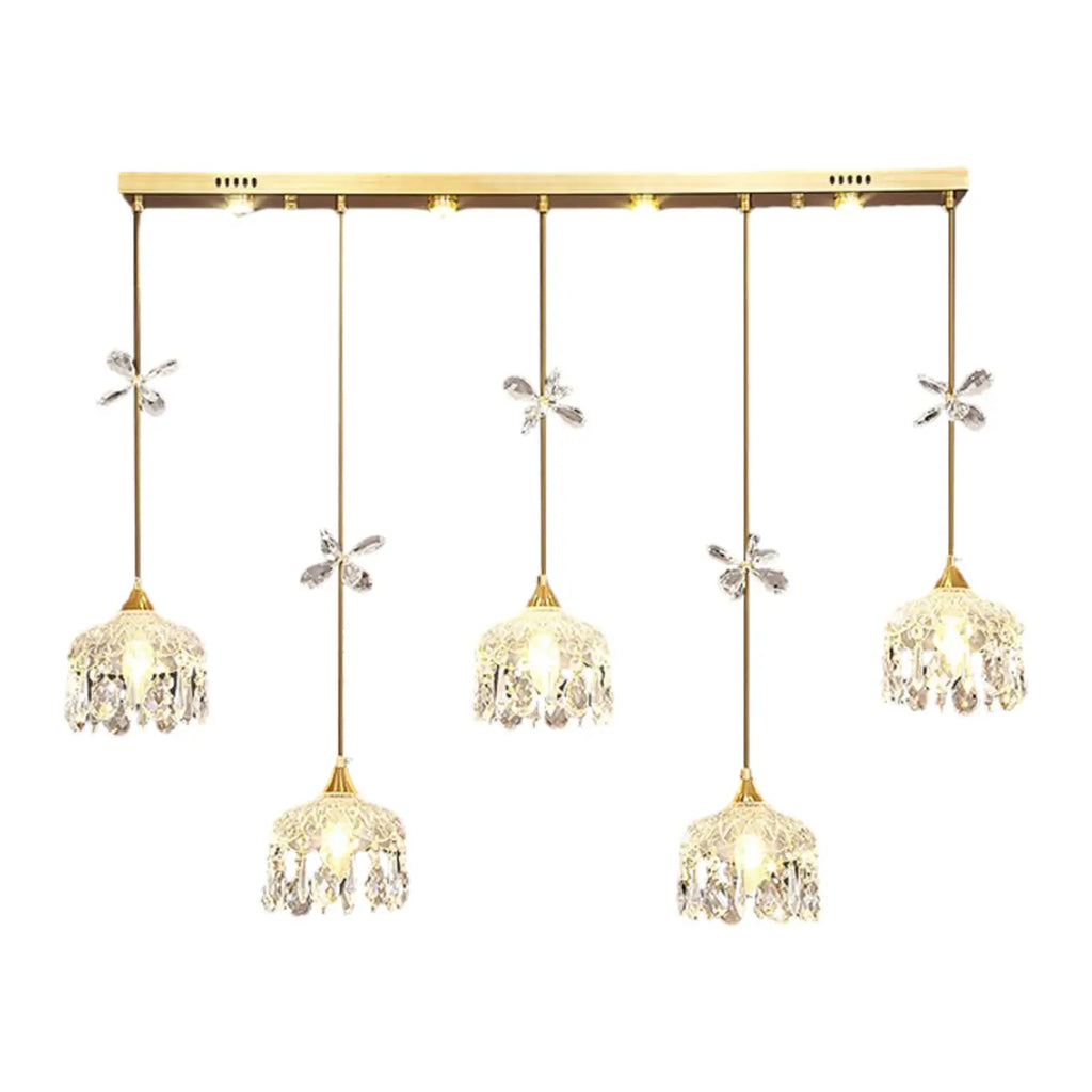 Suspension moderne en acier doré, verre et cristal pour cuisine