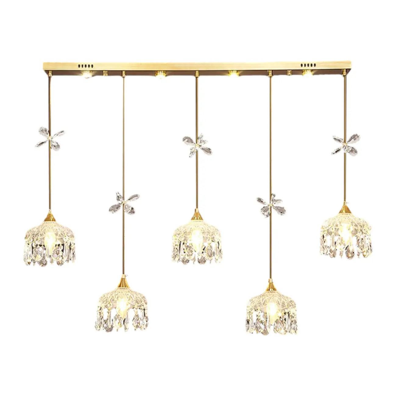 Suspension moderne en acier doré, verre et cristal pour cuisine