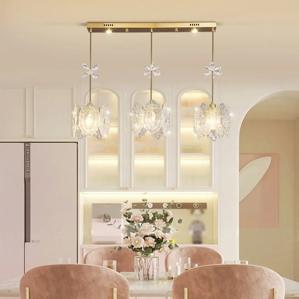 Suspension moderne en acier doré, verre et cristal pour cuisine