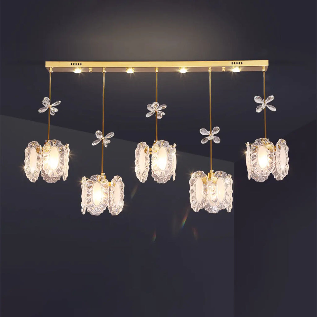 Suspension moderne en acier doré, verre et cristal pour cuisine