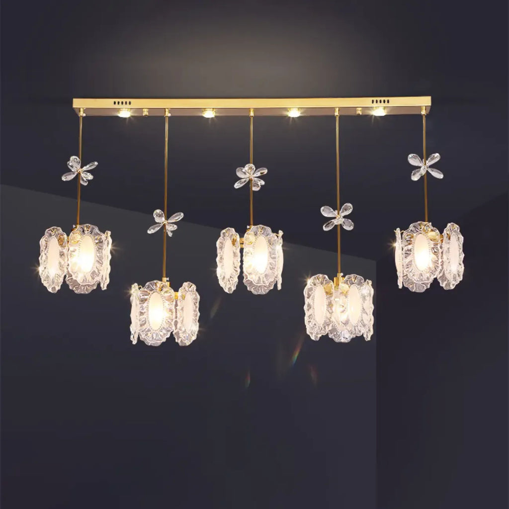 Suspension moderne en acier doré, verre et cristal pour cuisine