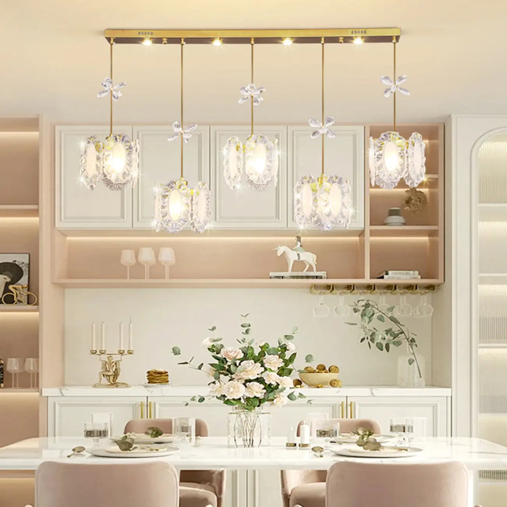 Suspension moderne en acier doré, verre et cristal pour cuisine