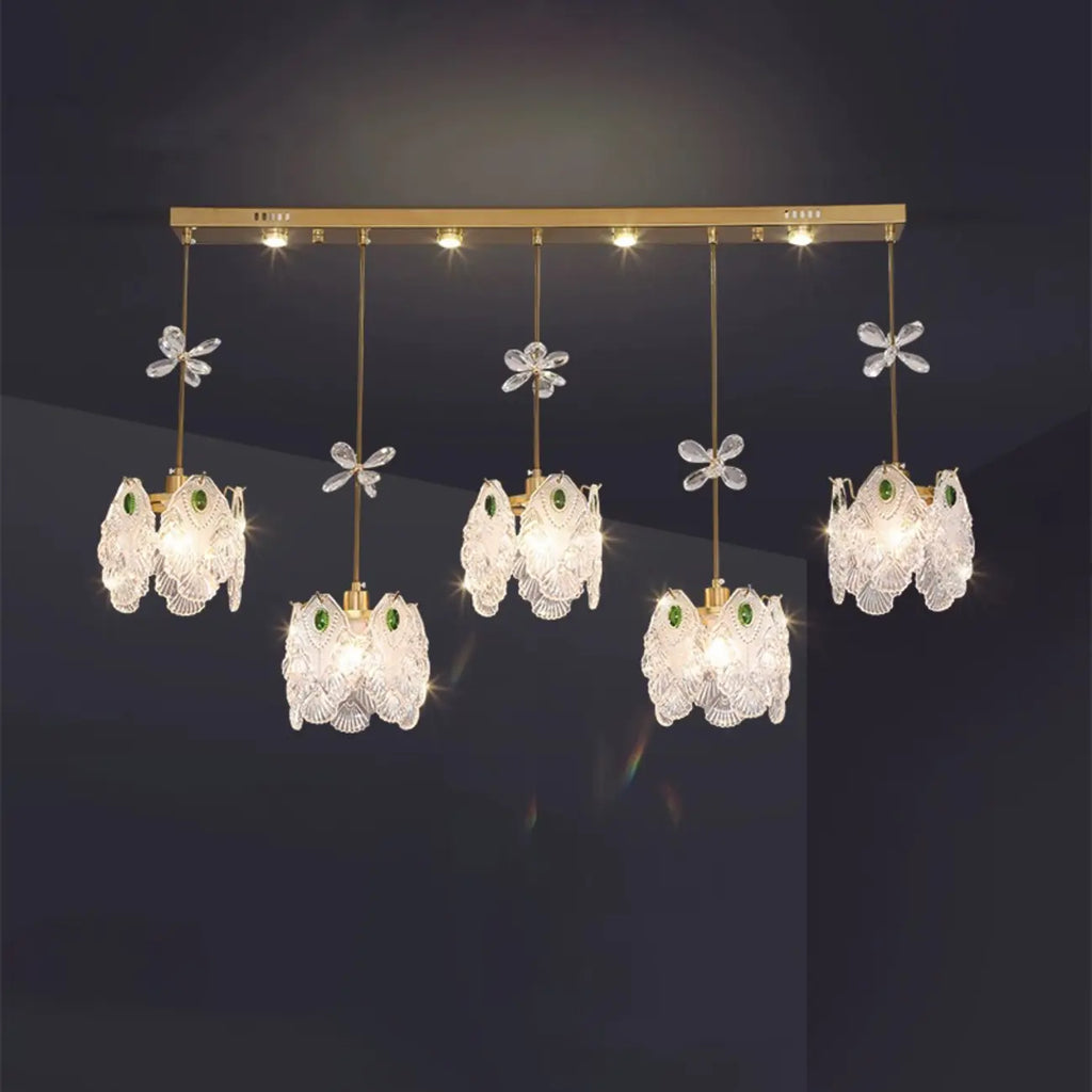 Suspension moderne en acier doré, verre et cristal pour cuisine