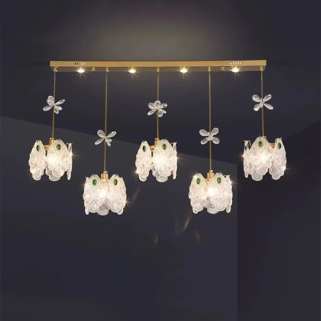 Suspension moderne en acier doré, verre et cristal pour cuisine