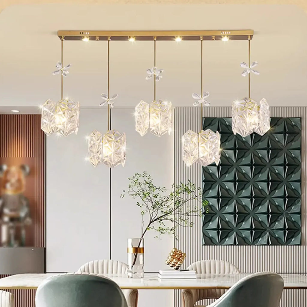 Suspension moderne en acier doré, verre et cristal pour cuisine