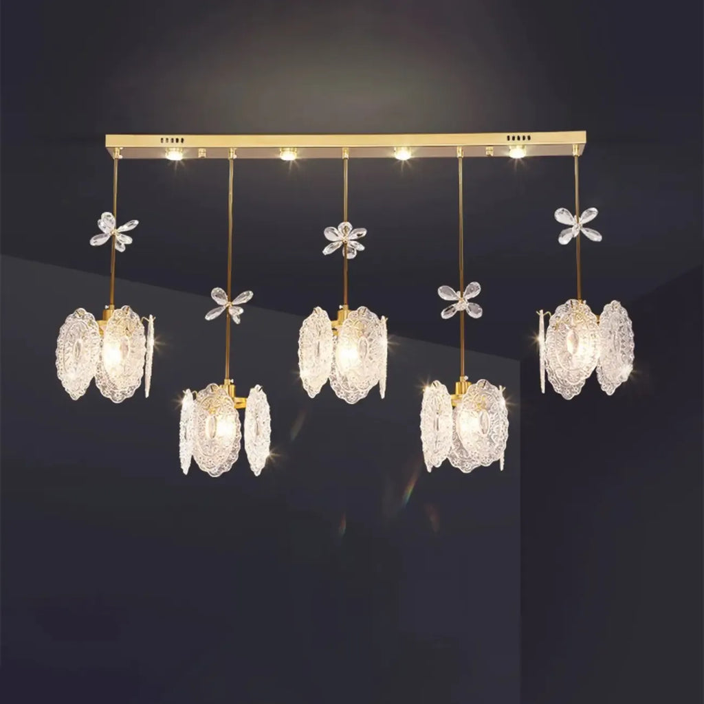 Suspension moderne en acier doré, verre et cristal pour cuisine