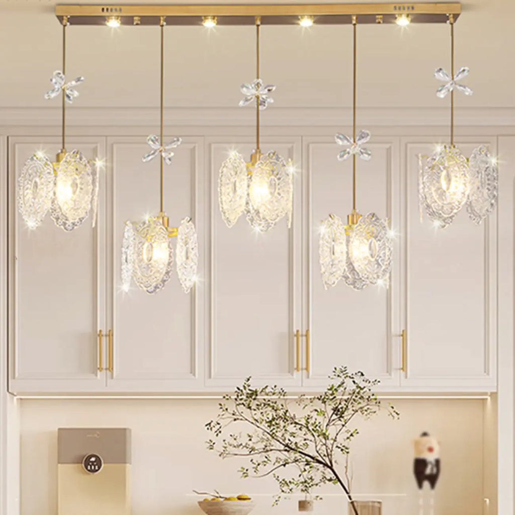 Suspension moderne en acier doré, verre et cristal pour cuisine