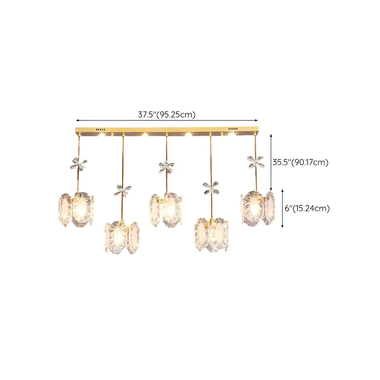 Suspension moderne en acier doré, verre et cristal pour cuisine