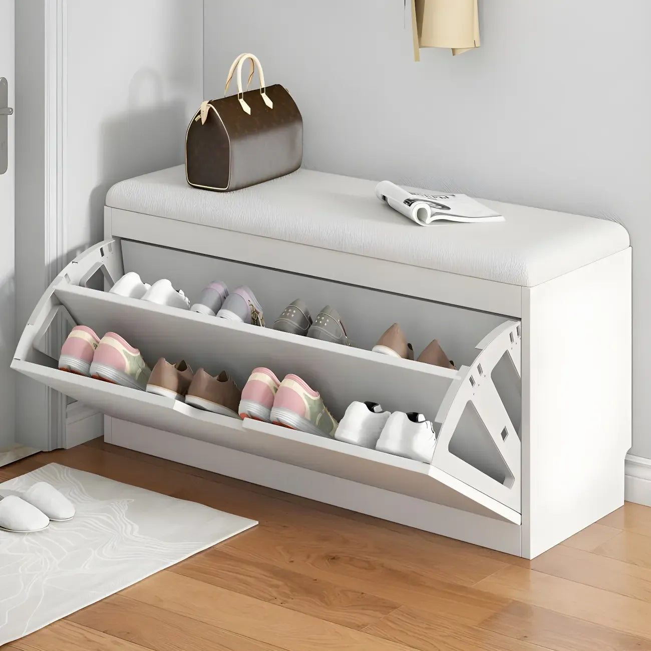 Banc d'entrée en bois avec rangement à chaussures rabattable et assise rembourrée