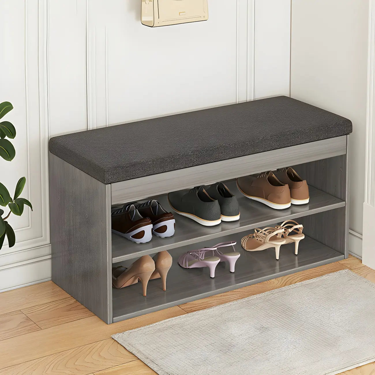Banc d'entrée en bois avec rangement à chaussures rabattable et assise rembourrée