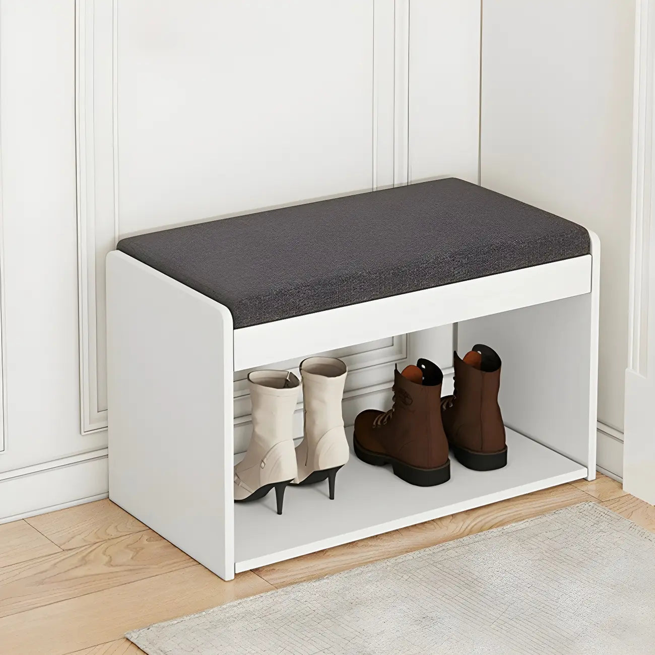 Banc d'entrée en bois avec rangement à chaussures rabattable et assise rembourrée