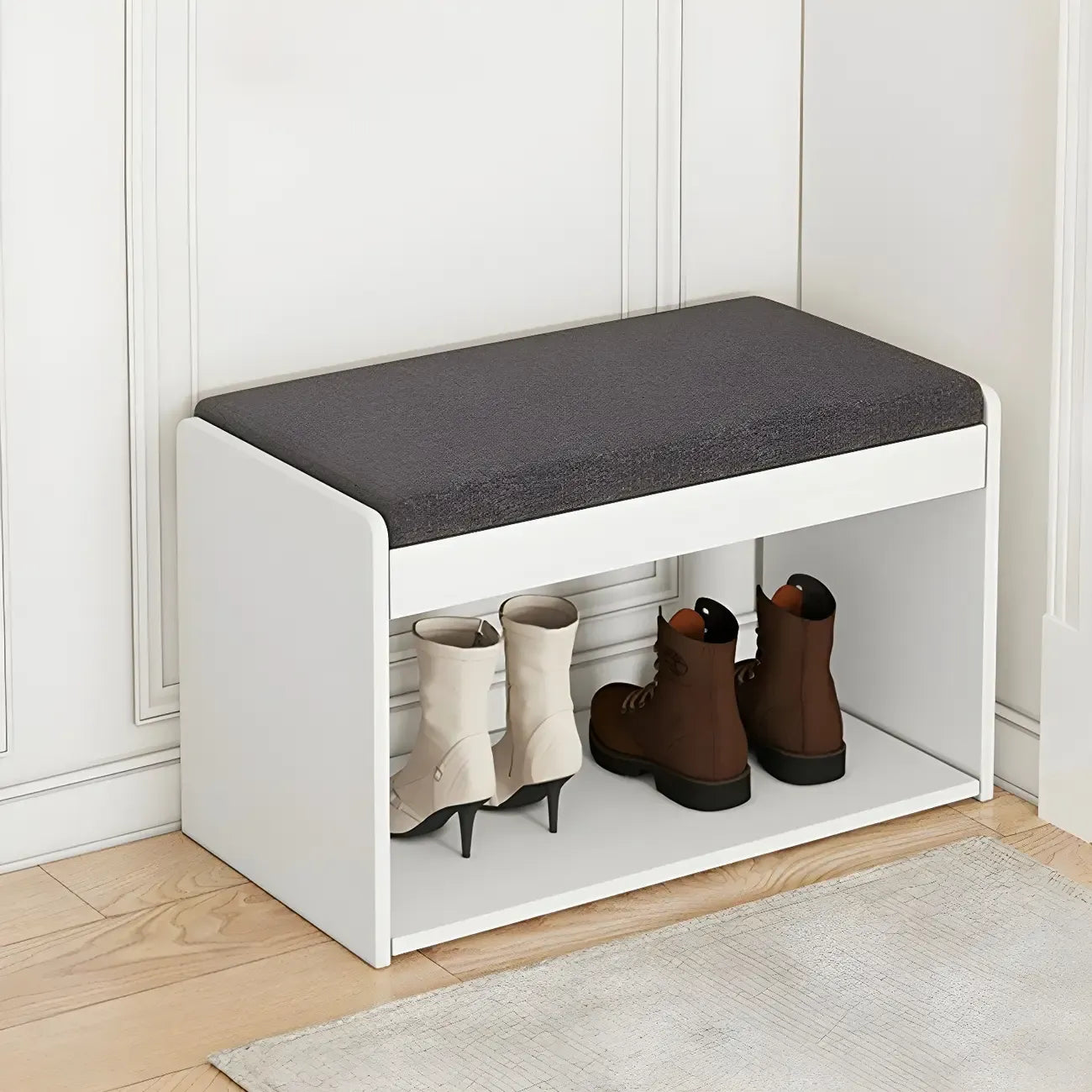 Banc d'entrée en bois avec rangement à chaussures rabattable et assise rembourrée