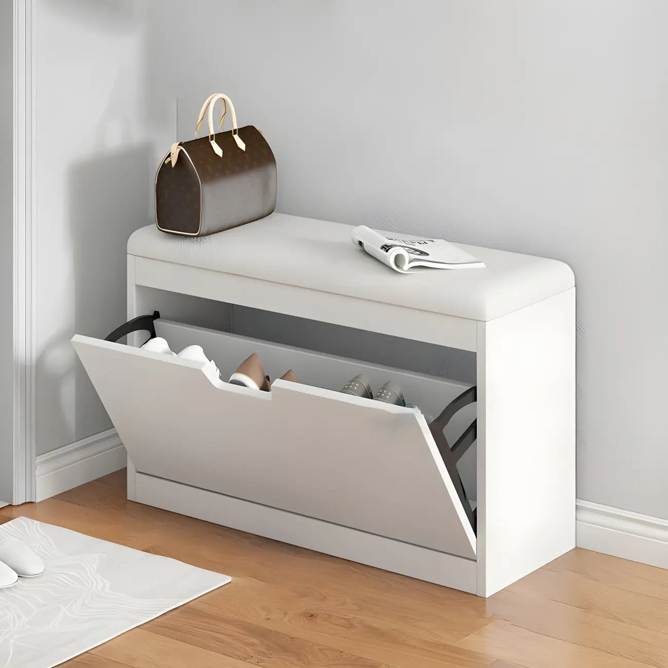 Banc d'entrée en bois avec rangement à chaussures rabattable et assise rembourrée