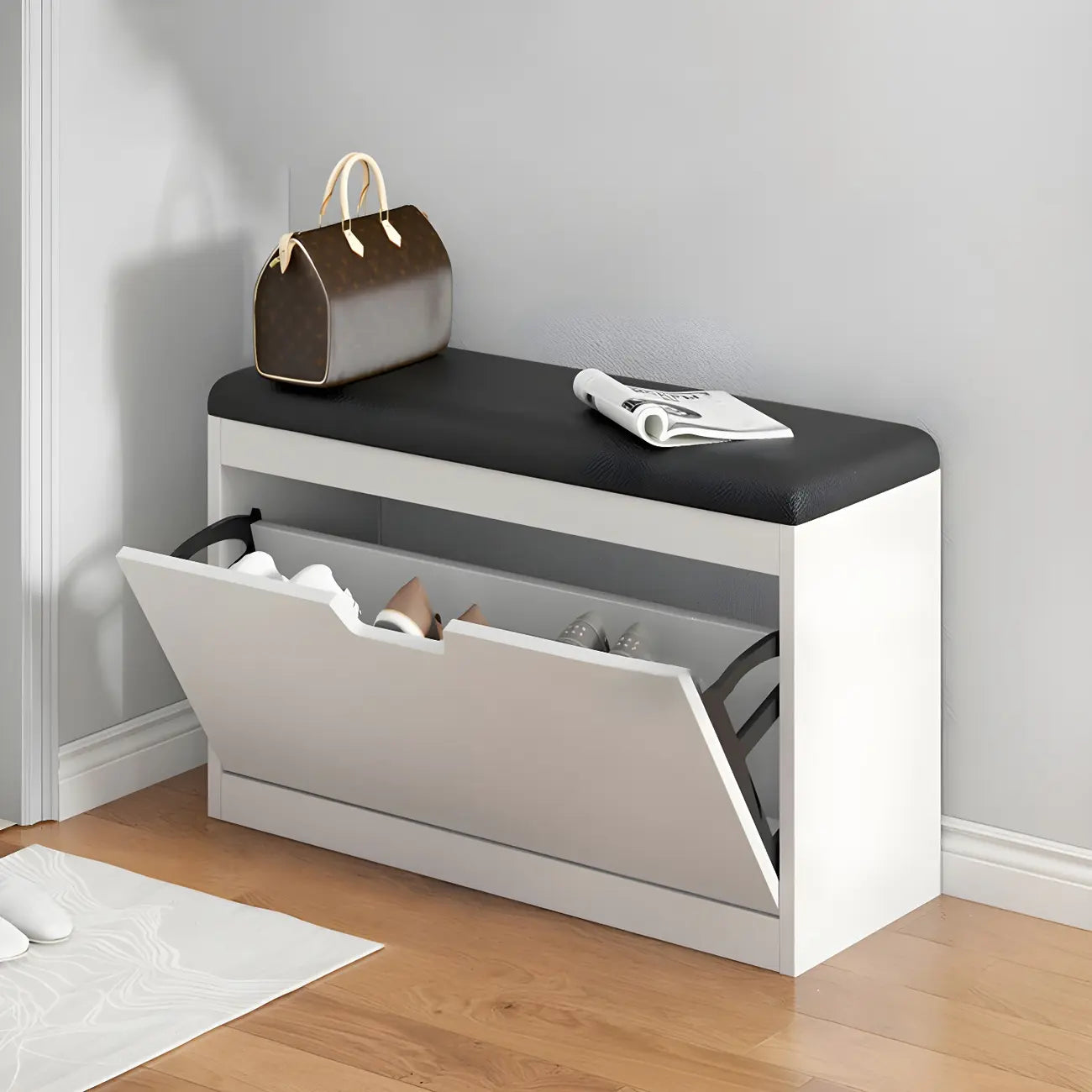 Banc d'entrée en bois avec rangement à chaussures rabattable et assise rembourrée