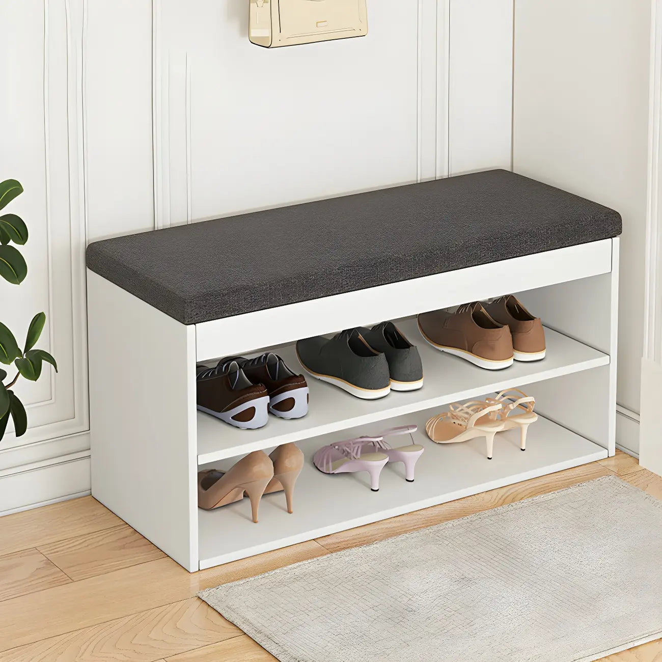 Banc d'entrée en bois avec rangement à chaussures rabattable et assise rembourrée
