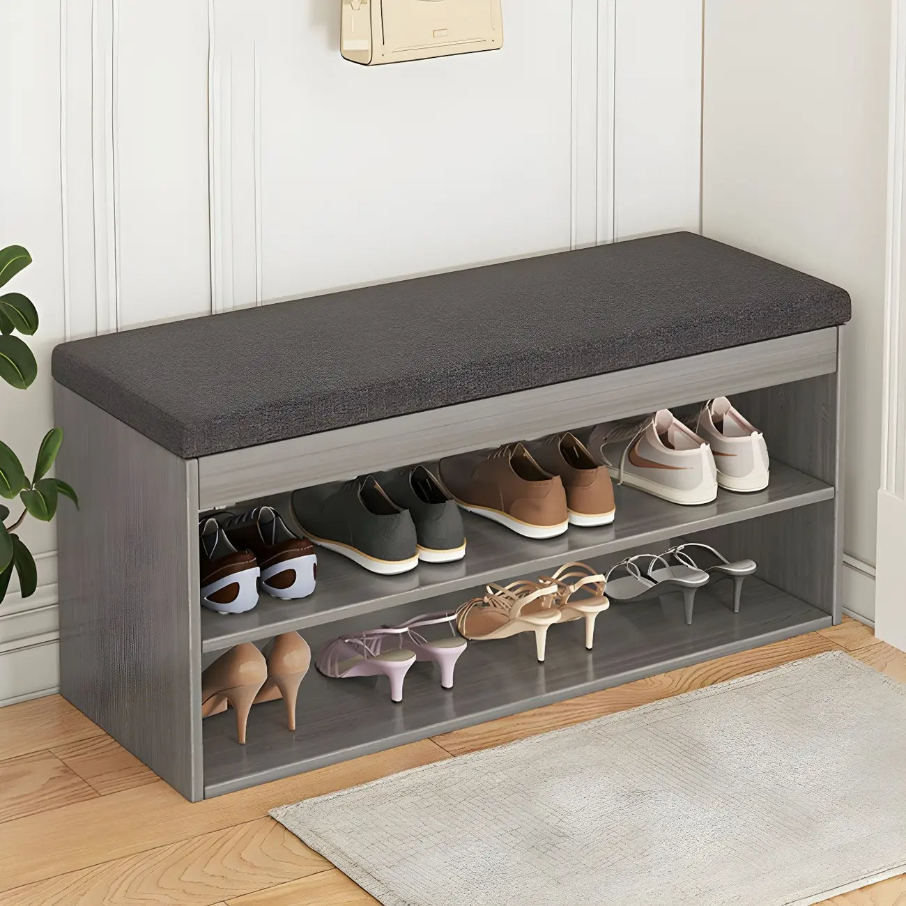 Banc d'entrée en bois avec rangement à chaussures rabattable et assise rembourrée