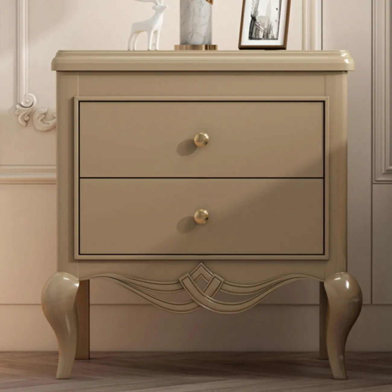 Table de chevet glamour en bois d'hévéa blanc à 2 tiroirs avec pieds