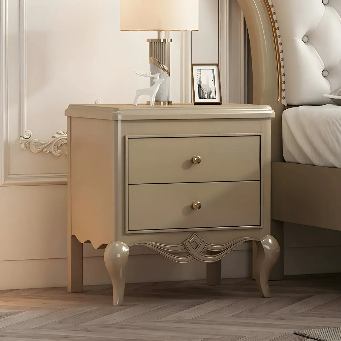 Table de chevet glamour en bois d'hévéa blanc à 2 tiroirs avec pieds