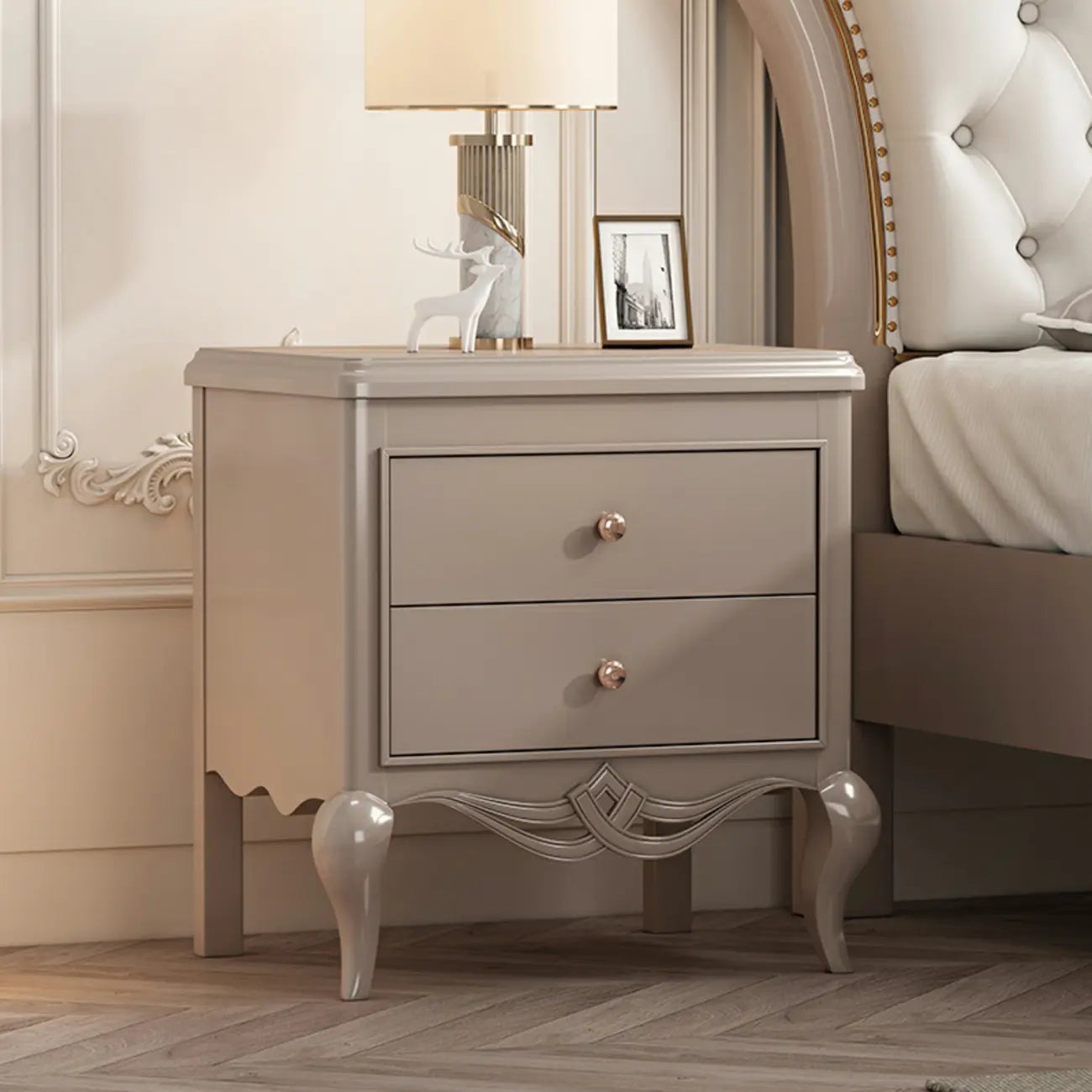 Table de chevet glamour en bois d'hévéa blanc à 2 tiroirs avec pieds