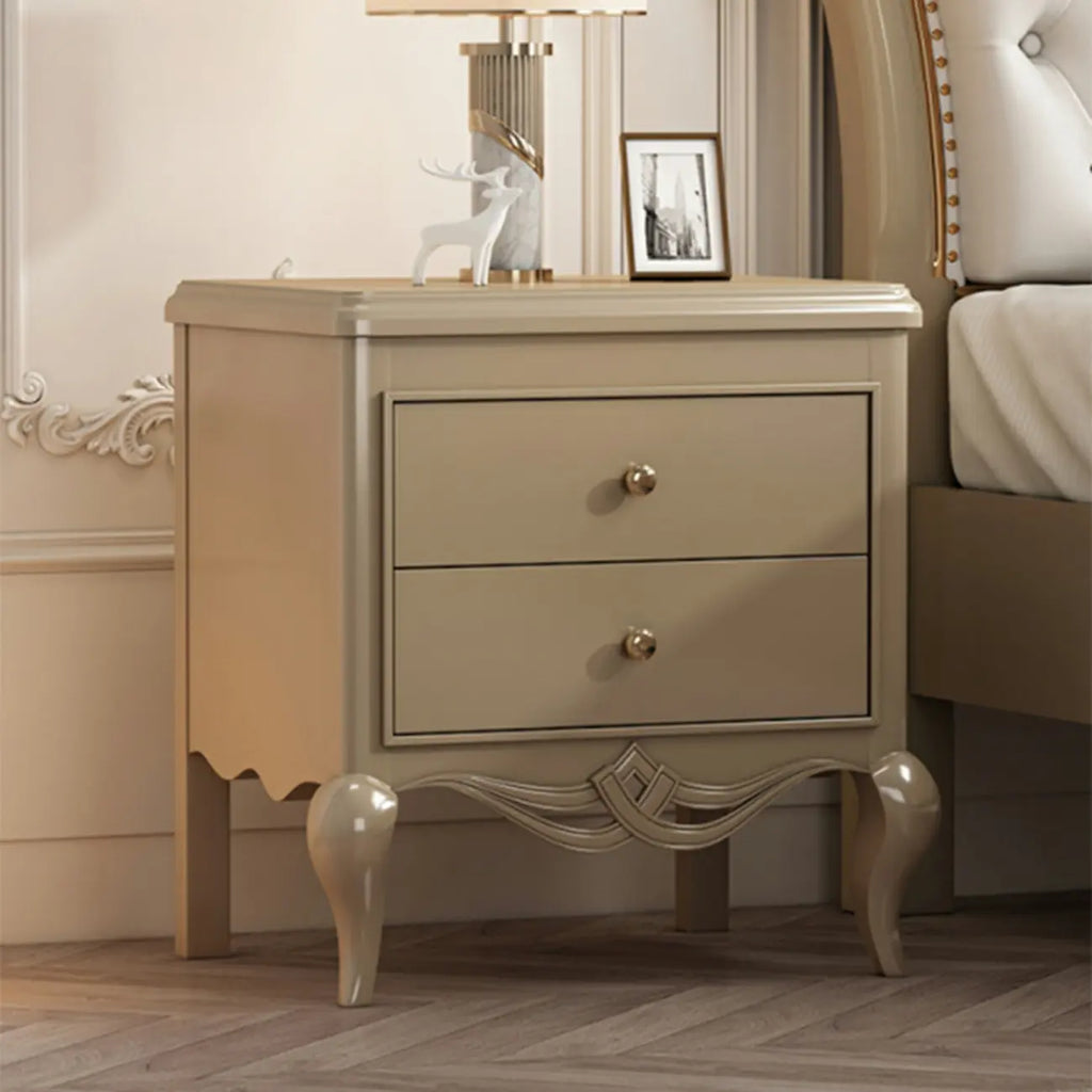 Table de chevet glamour en bois d'hévéa blanc à 2 tiroirs avec pieds