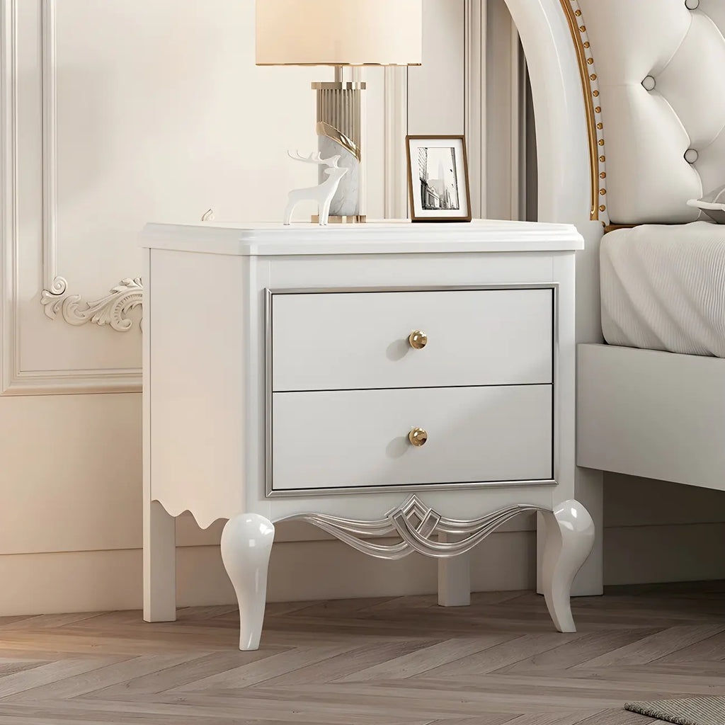 Table de chevet glamour en bois d'hévéa blanc à 2 tiroirs avec pieds