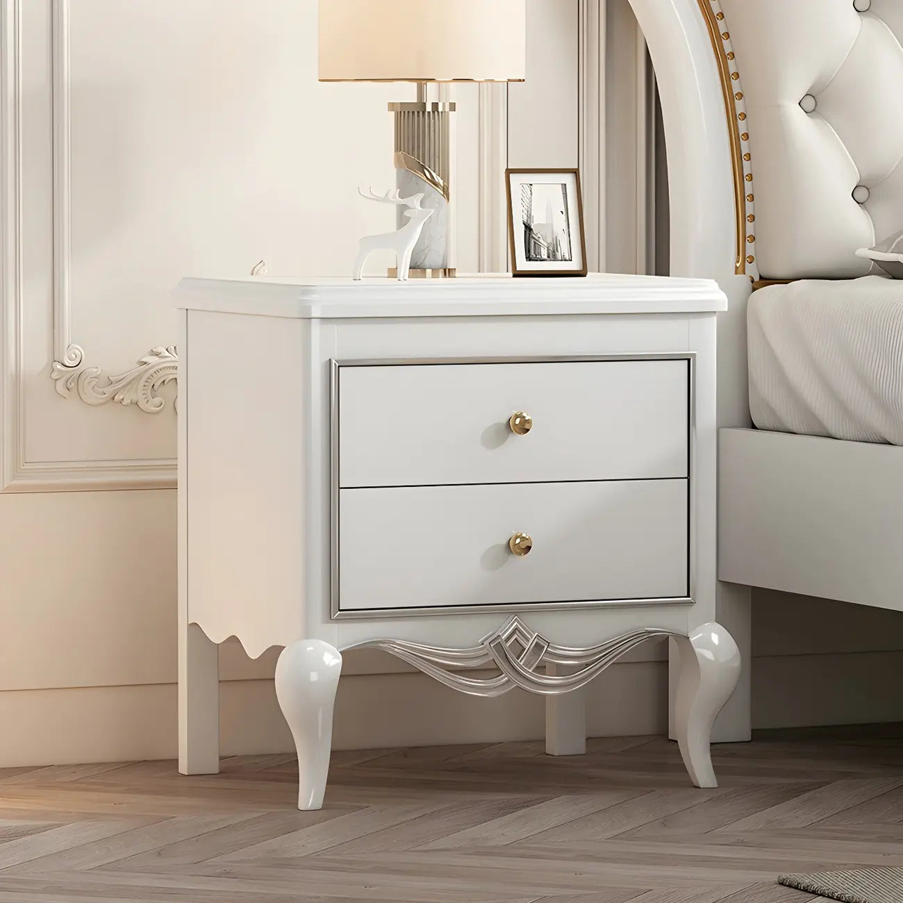 Table de chevet glamour en bois d'hévéa blanc à 2 tiroirs avec pieds